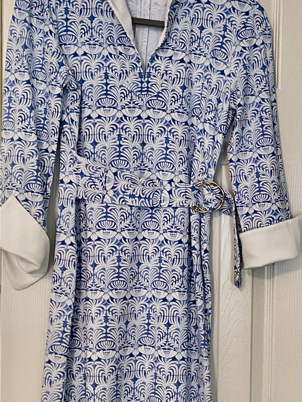 J. McLaughlin Blue White Belted Shirt Dress 3/4 Sleeve Resort Preppy Size XS - Picture 8 of 8